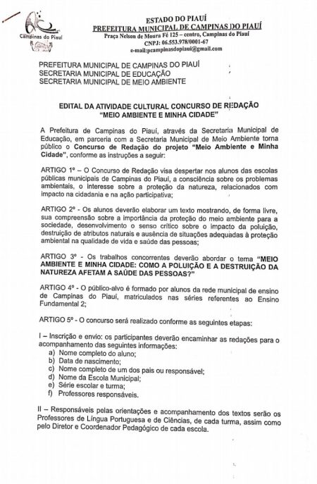 Secretarias municipais de educação e meio ambiente lançam edital de concurso de redação em Campinas do Piauí