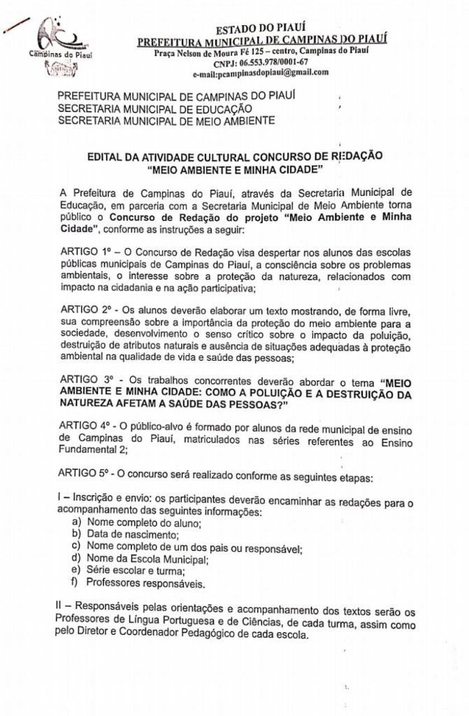 Secretarias municipais de educação e meio ambiente lançam edital de concurso de redação em Campinas do Piauí