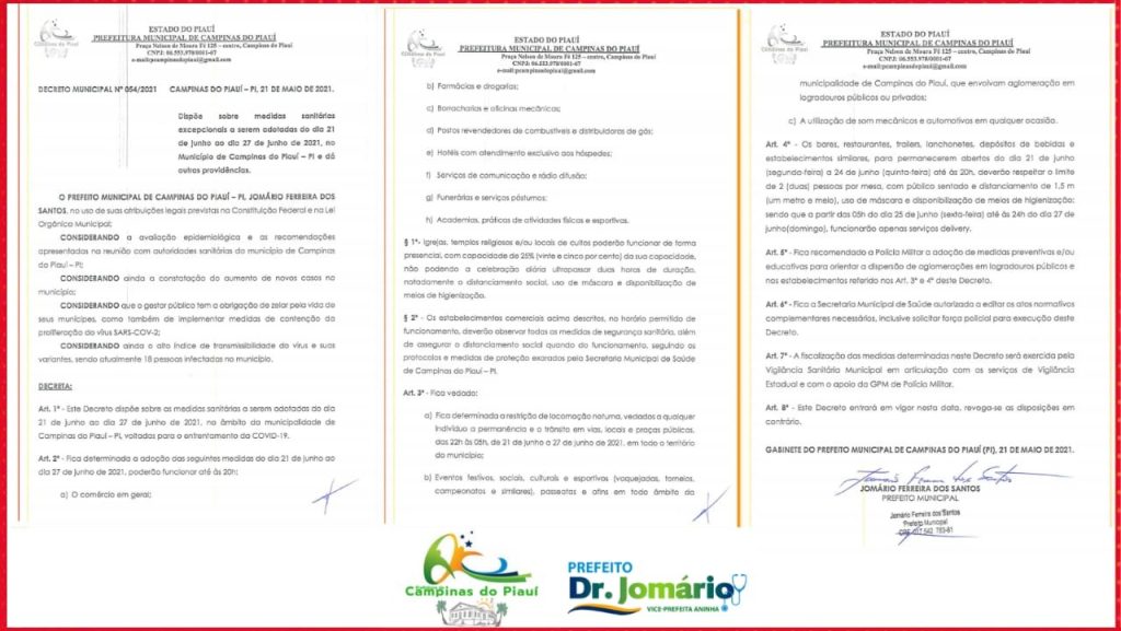 Prefeito Dr. Jomário assina novo decreto que dispõe de medidas de enfrentamento ao novocoronavírus em Campinas do Piauí