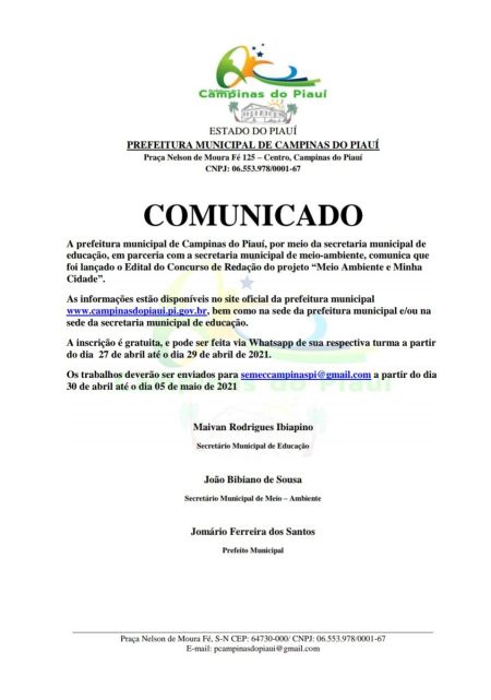 Prefeitura de Campinas do Piauí por meio das secretarias de educação e meio ambiente lança edital de concurso de redação