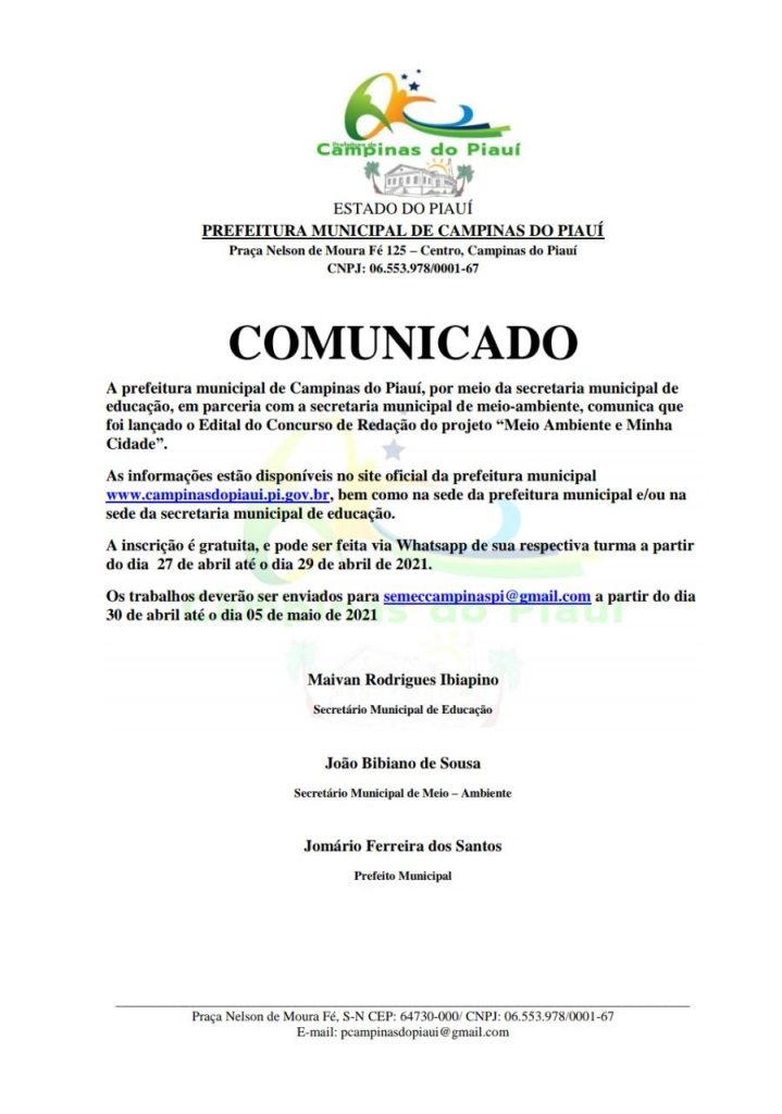 Prefeitura de Campinas do Piauí por meio das secretarias de educação e meio ambiente lança edital de concurso de redação